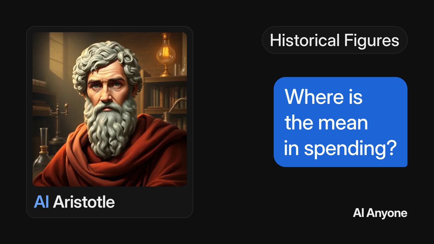 A portrait card of AI Aristotle beside a chat bubble asking: Where is the mean in spending?